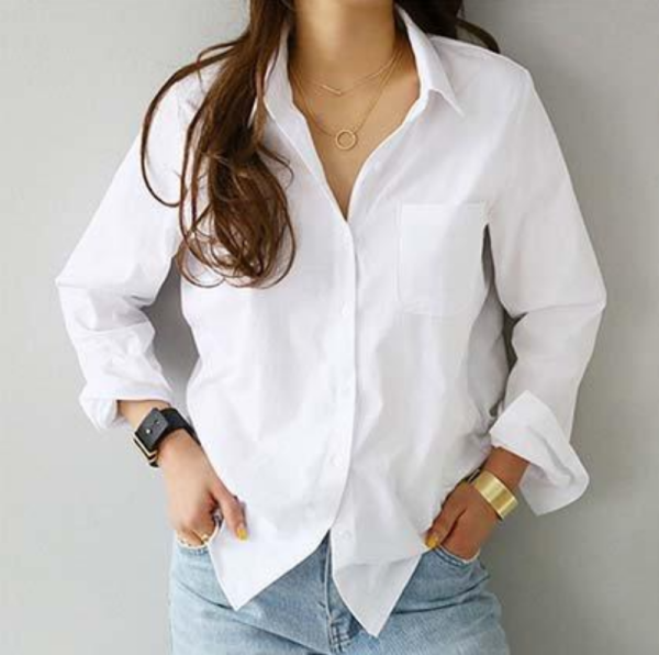 White Plain Long Sleeve Cotton-Blend Shirt Collar Shirts & Tops