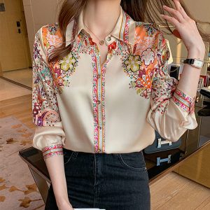 Vintage Printed Satin Long Sleeve Shirt